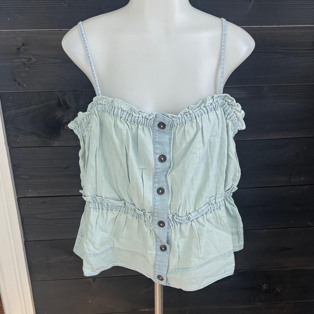 NEW Anthropologie Pilcro‎ Light Blue Ruffled Button-Down Denim Women's Top